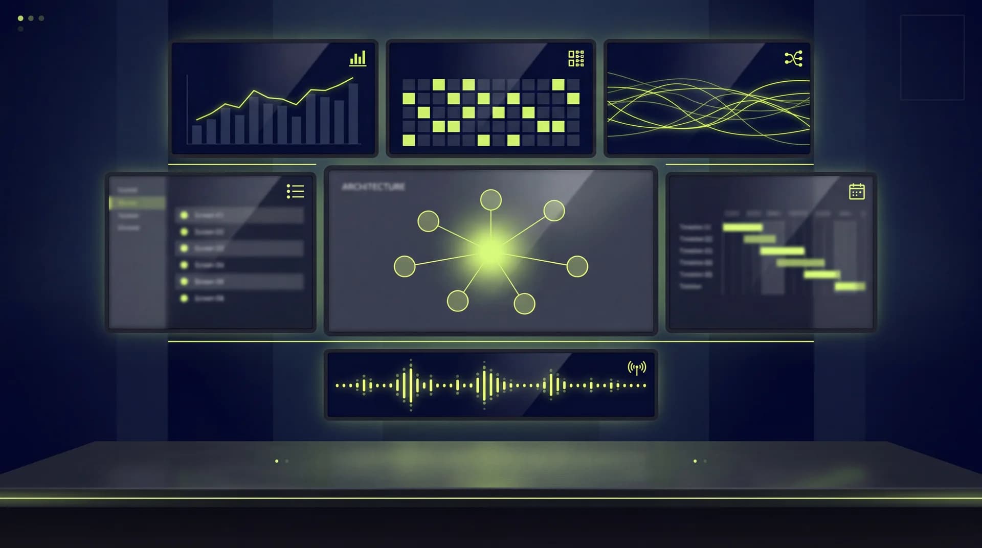 AI operations command center with seven war room screens showing revenue data, pipeline analytics, team diagnostics, and architecture mapping