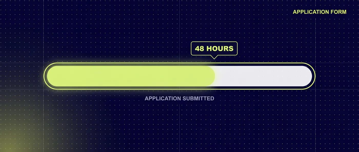 Application form progress visualization showing 48 hour response window