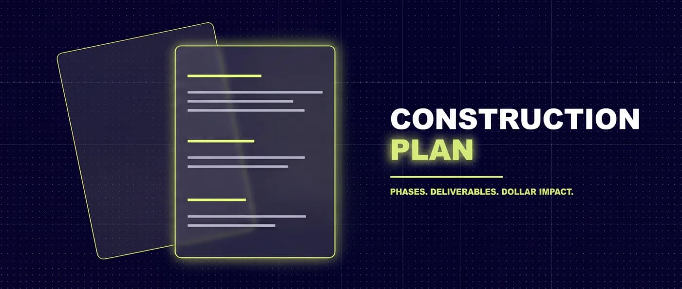 Blueprint construction plan document showing phases, deliverables, and dollar impact